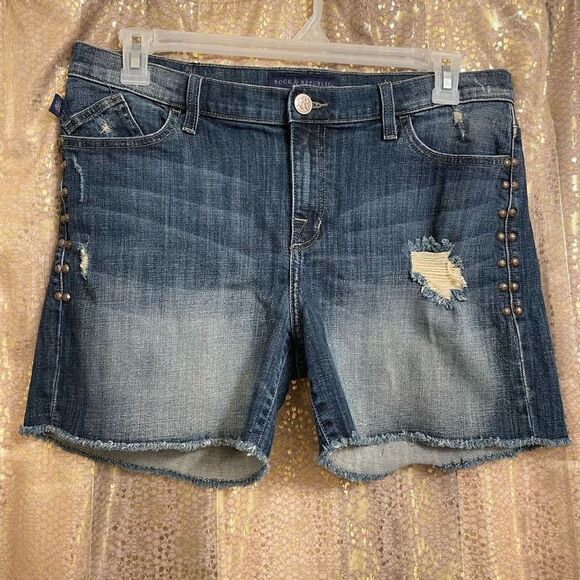 Rock & Republic Bumbershoot Studded Distressed Cut Off Jean Shorts, 14 - Picture 1 of 8